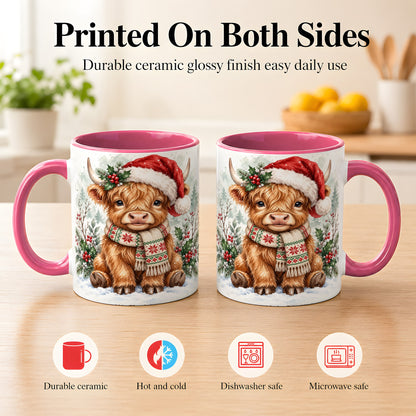 #pl[11oz|Pink] Highland Cow Christmas Coffee Mug, Winter Calf Mug, Ceramic Cup