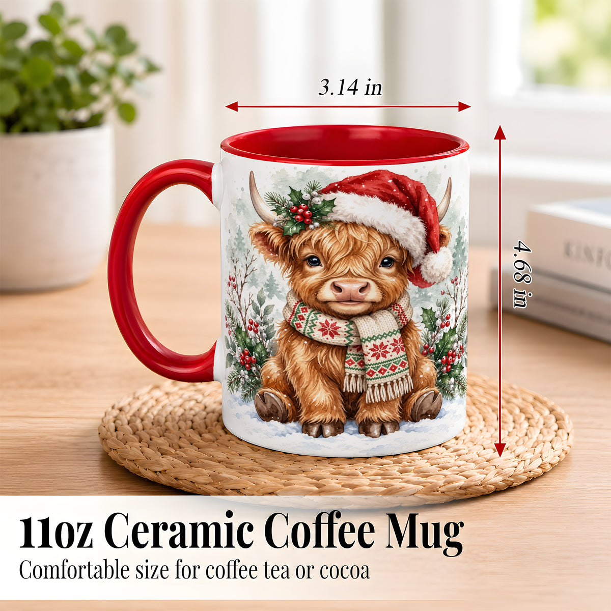 #pl[11oz|Red] Highland Cow Christmas Coffee Mug, Winter Calf Mug, Ceramic Cup
