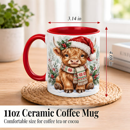 #pl[11oz|Red] Highland Cow Christmas Coffee Mug, Winter Calf Mug, Ceramic Cup