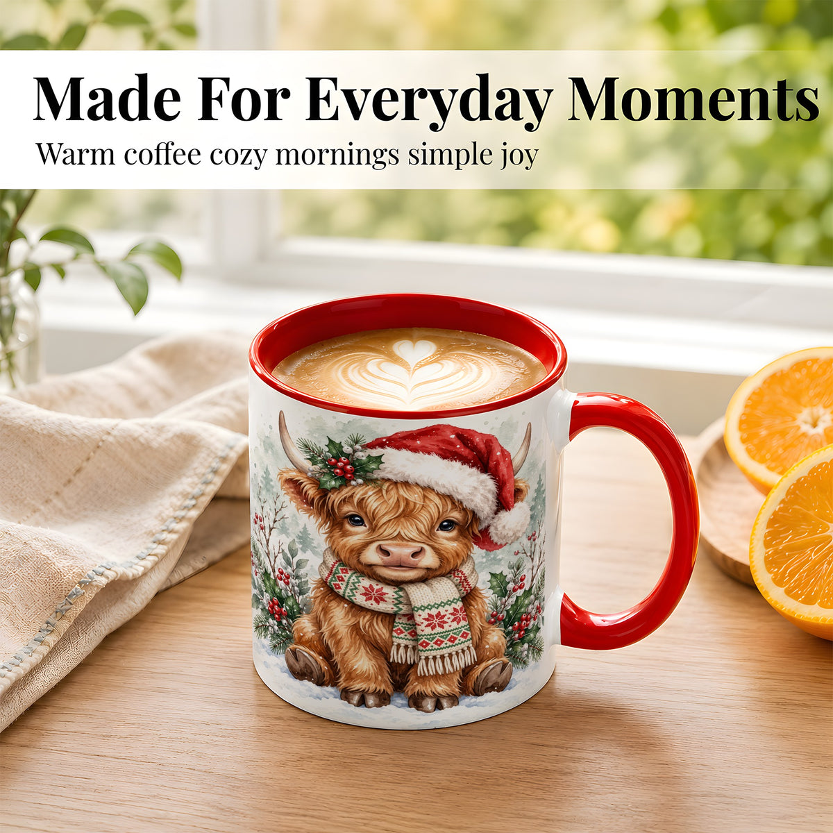 #pl[11oz|Red] Highland Cow Christmas Coffee Mug, Winter Calf Mug, Ceramic Cup