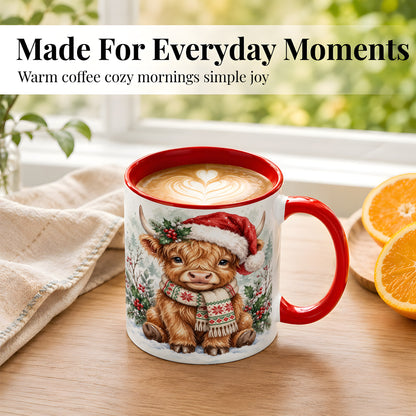 #pl[11oz|Red] Highland Cow Christmas Coffee Mug, Winter Calf Mug, Ceramic Cup