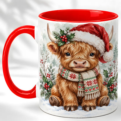 #pl[11oz|Red] Highland Cow Christmas Coffee Mug, Winter Calf Mug, Ceramic Cup