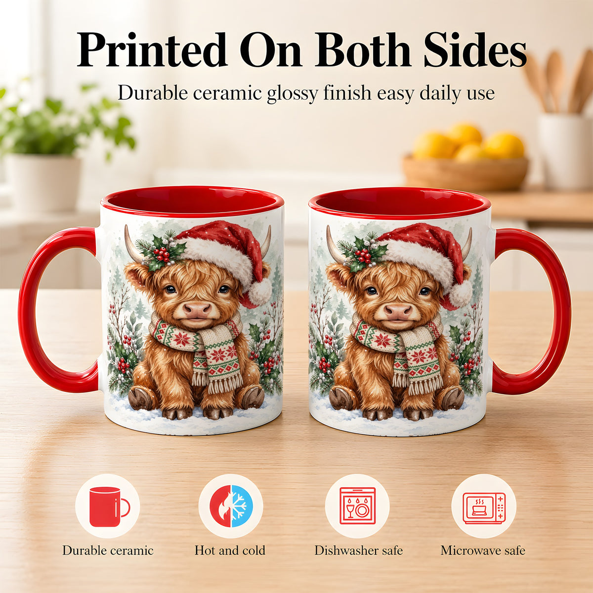 #pl[11oz|Red] Highland Cow Christmas Coffee Mug, Winter Calf Mug, Ceramic Cup