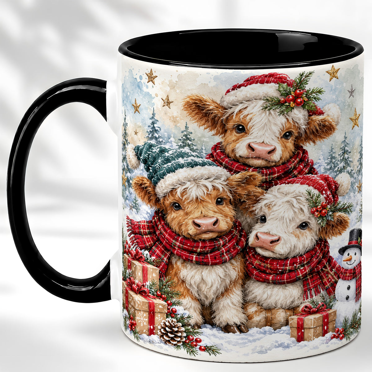 #pl[11oz|Black] Christmas Highland Cow Coffee Mug, Winter Calves Mug, Ceramic Cup