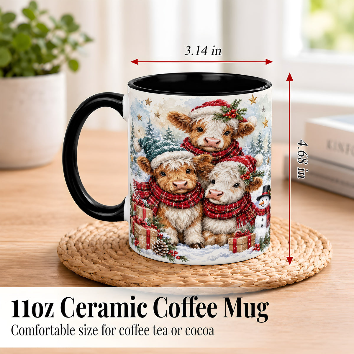 #pl[11oz|Black] Christmas Highland Cow Coffee Mug, Winter Calves Mug, Ceramic Cup