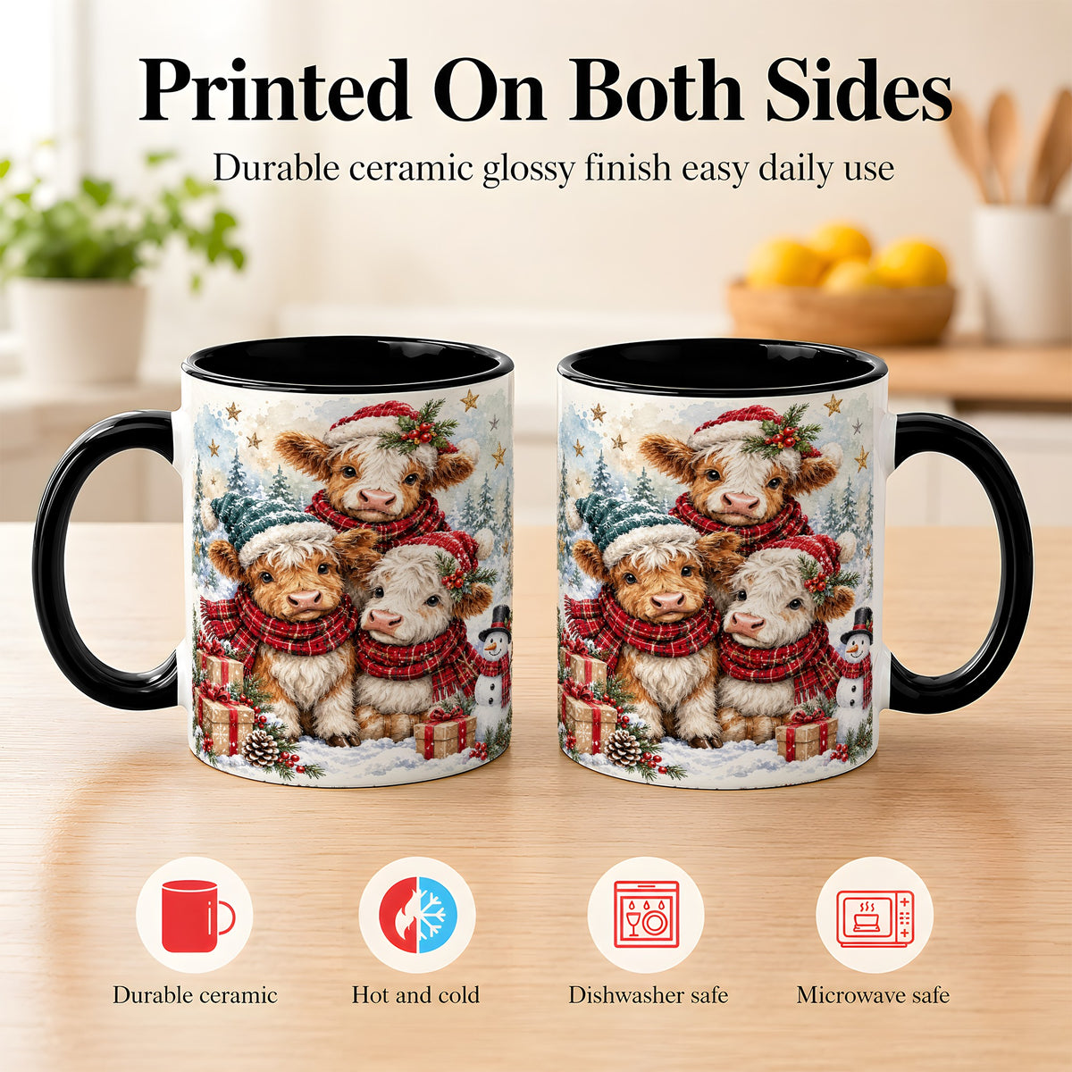 #pl[11oz|Black] Christmas Highland Cow Coffee Mug, Winter Calves Mug, Ceramic Cup