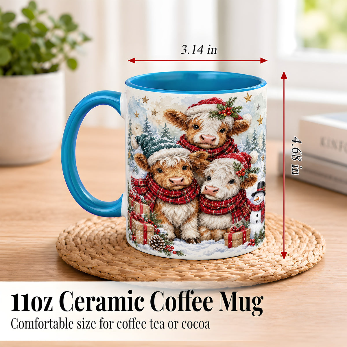 #pl[11oz|Blue] Christmas Highland Cow Coffee Mug, Winter Calves Mug, Ceramic Cup