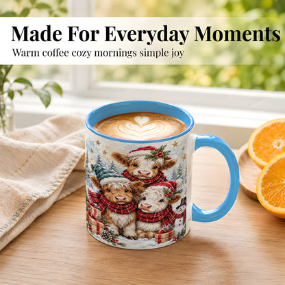 #pl[11oz|Blue] Christmas Highland Cow Coffee Mug, Winter Calves Mug, Ceramic Cup