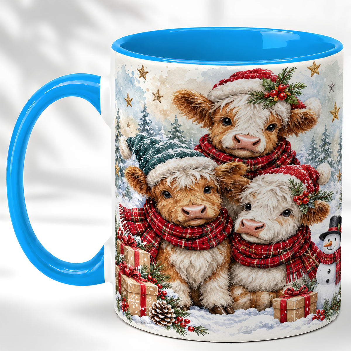 #pl[11oz|Blue] Christmas Highland Cow Coffee Mug, Winter Calves Mug, Ceramic Cup
