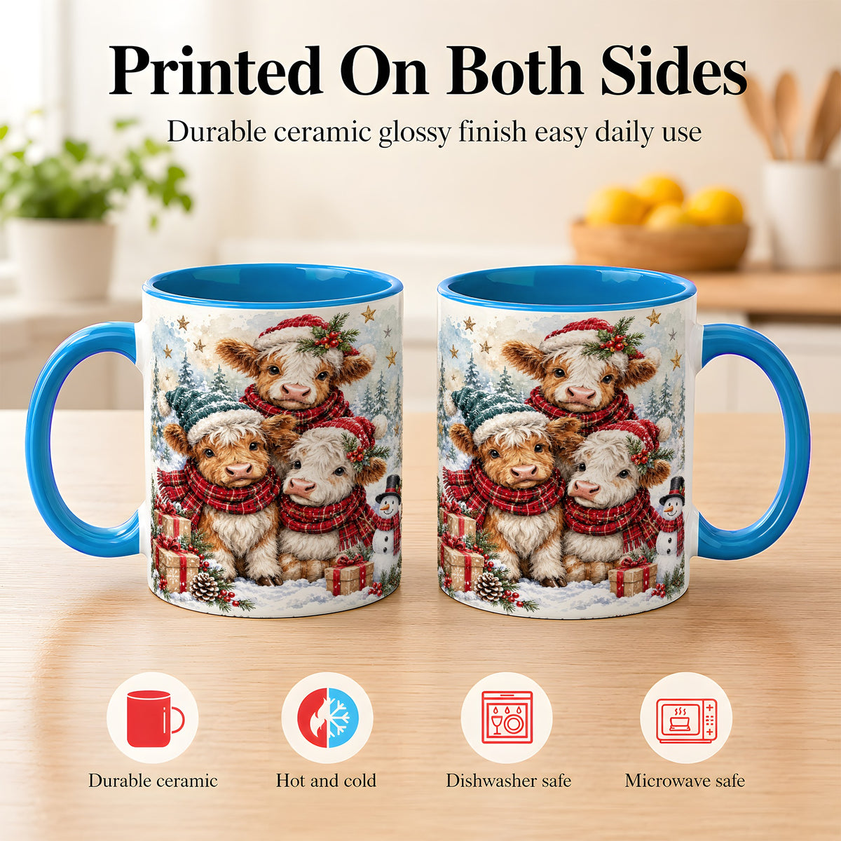 #pl[11oz|Blue] Christmas Highland Cow Coffee Mug, Winter Calves Mug, Ceramic Cup