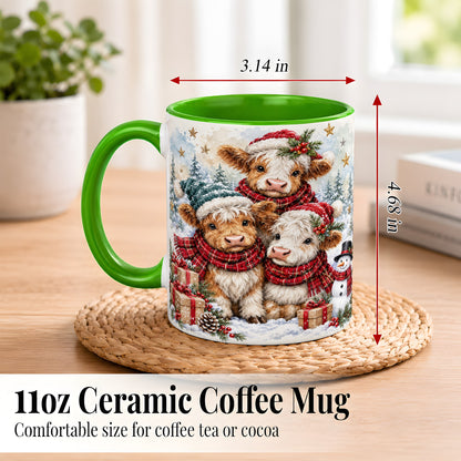 #pl[11oz|Green] Christmas Highland Cow Coffee Mug, Winter Calves Mug, Ceramic Cup