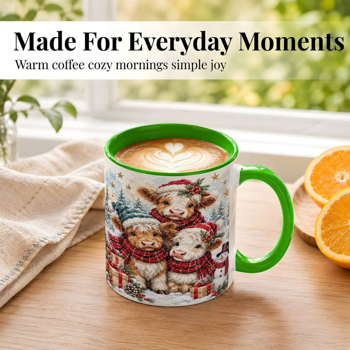 #pl[11oz|Green] Christmas Highland Cow Coffee Mug, Winter Calves Mug, Ceramic Cup