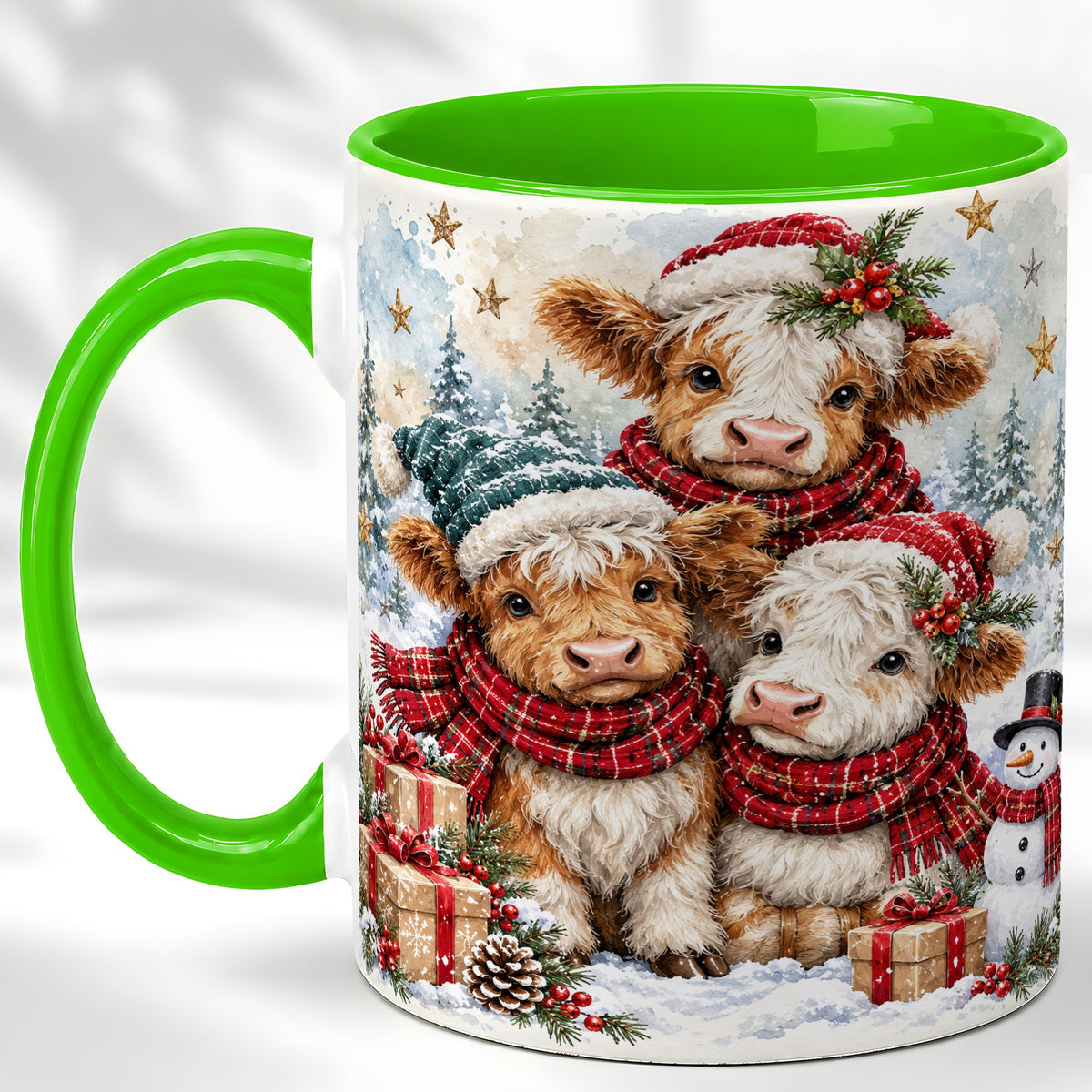 #pl[11oz|Green] Christmas Highland Cow Coffee Mug, Winter Calves Mug, Ceramic Cup