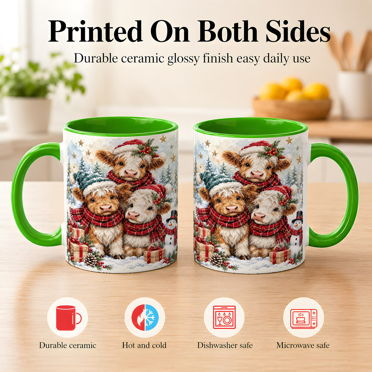 #pl[11oz|Green] Christmas Highland Cow Coffee Mug, Winter Calves Mug, Ceramic Cup