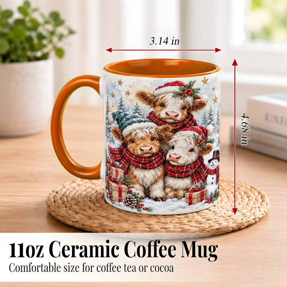 #pl[11oz|Orange] Christmas Highland Cow Coffee Mug, Winter Calves Mug, Ceramic Cup