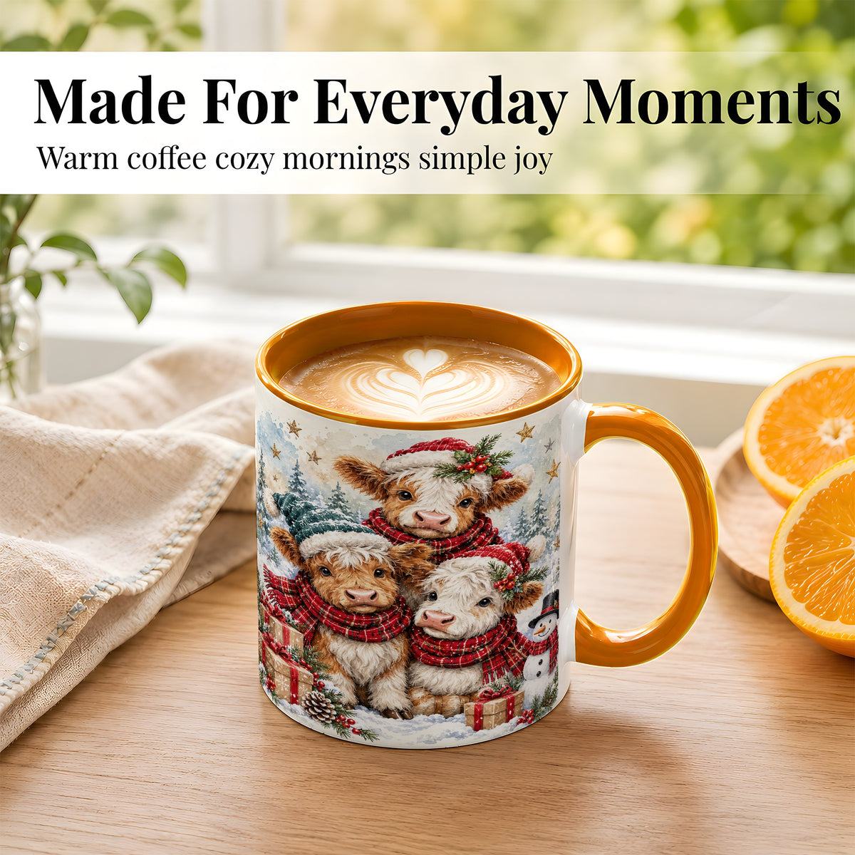 #pl[11oz|Orange] Christmas Highland Cow Coffee Mug, Winter Calves Mug, Ceramic Cup
