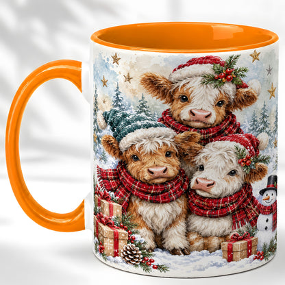 #pl[11oz|Orange] Christmas Highland Cow Coffee Mug, Winter Calves Mug, Ceramic Cup