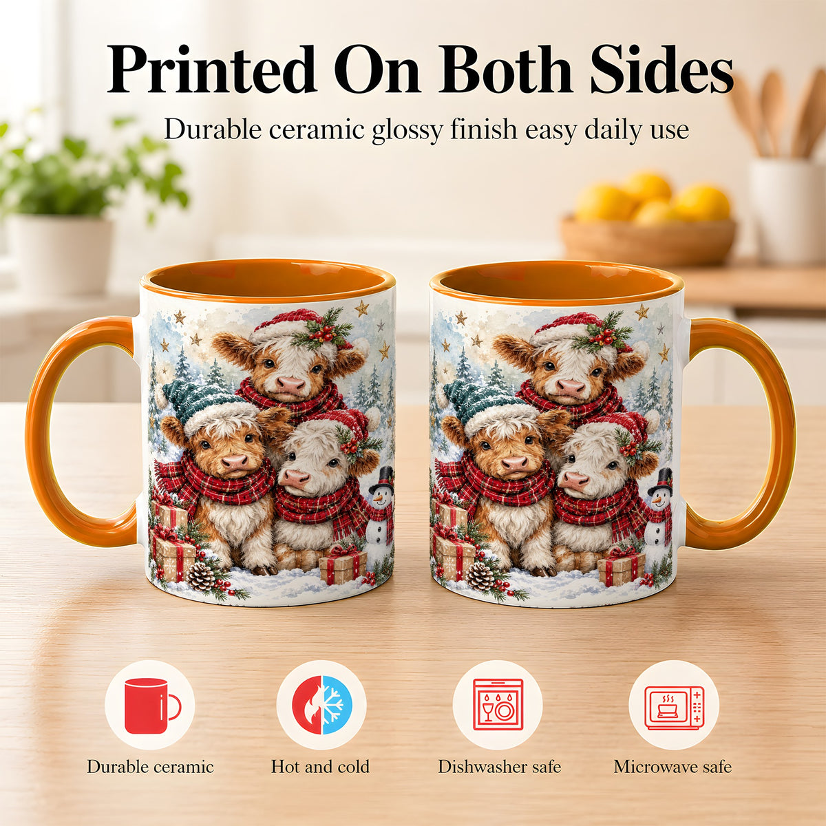 #pl[11oz|Orange] Christmas Highland Cow Coffee Mug, Winter Calves Mug, Ceramic Cup