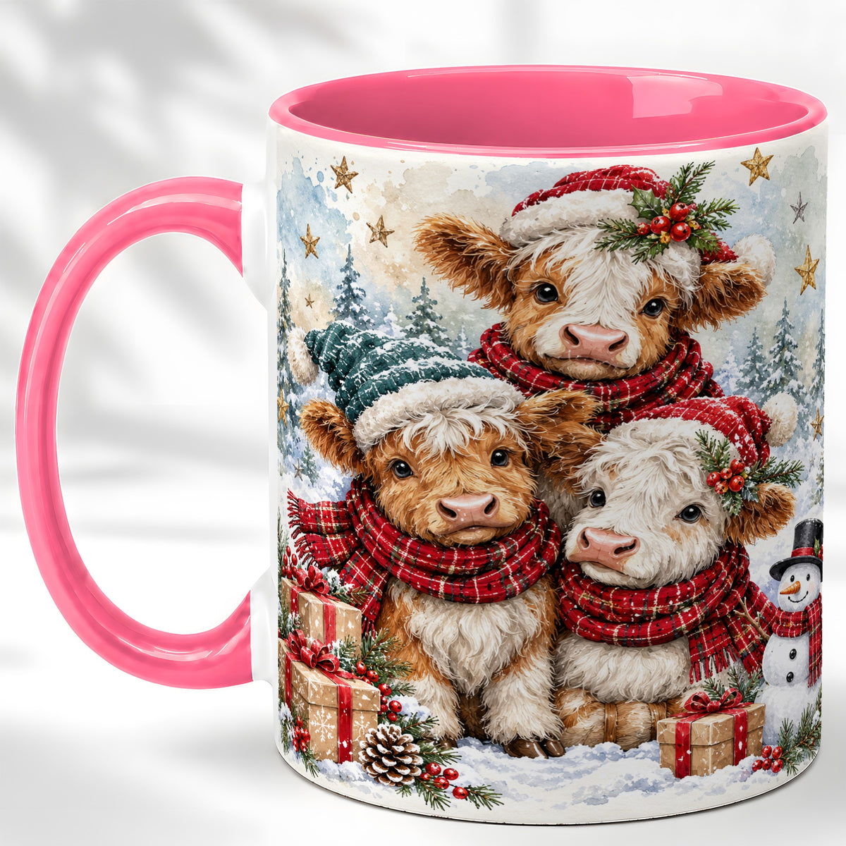 #pl[11oz|Pink] Christmas Highland Cow Coffee Mug, Winter Calves Mug, Ceramic Cup