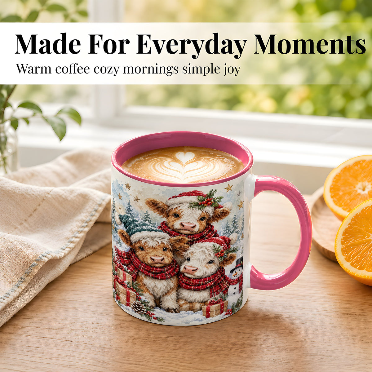 #pl[11oz|Pink] Christmas Highland Cow Coffee Mug, Winter Calves Mug, Ceramic Cup