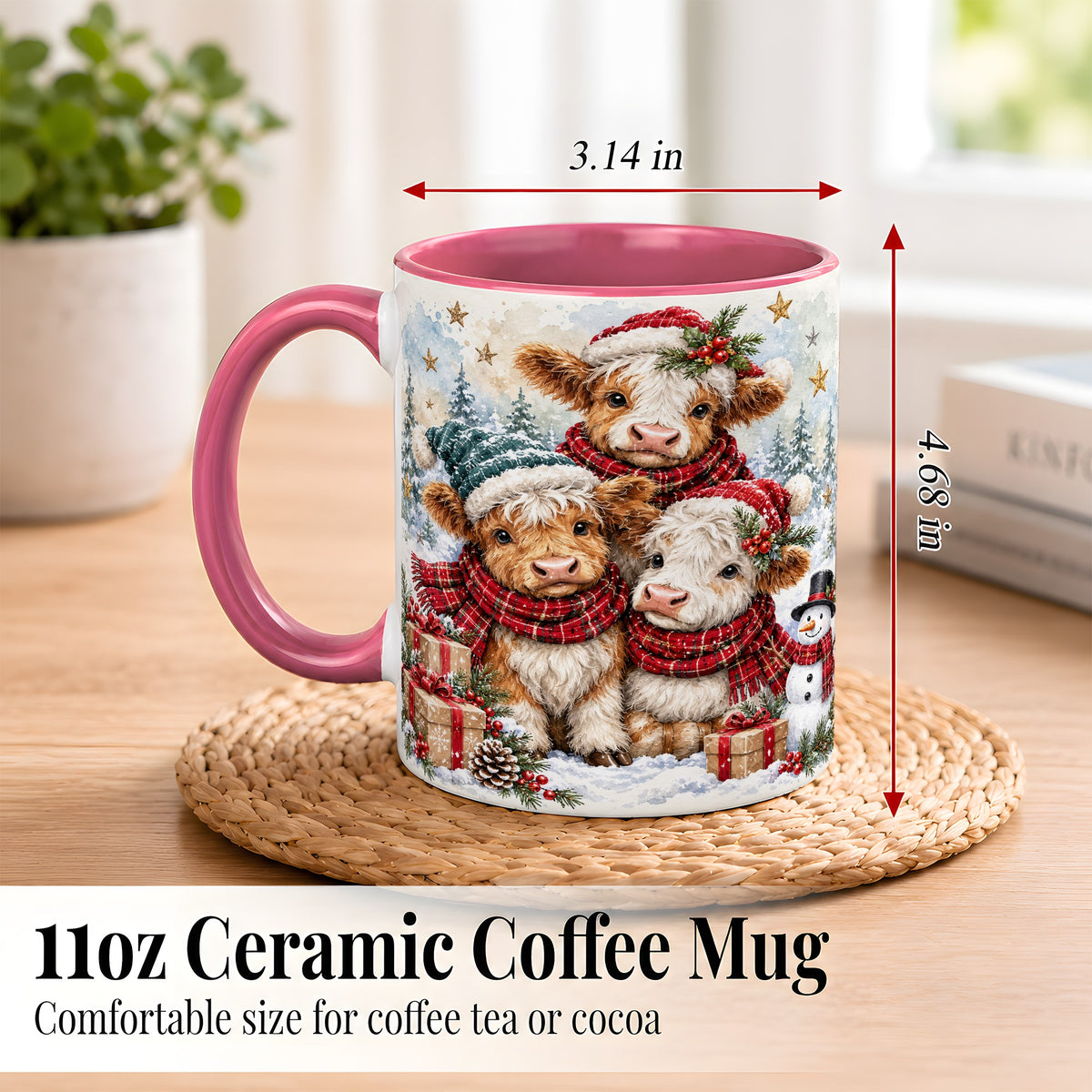 #pl[11oz|Pink] Christmas Highland Cow Coffee Mug, Winter Calves Mug, Ceramic Cup
