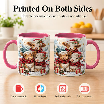#pl[11oz|Pink] Christmas Highland Cow Coffee Mug, Winter Calves Mug, Ceramic Cup