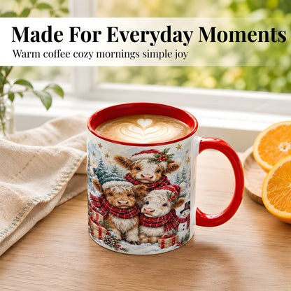 #pl[11oz|Red] Christmas Highland Cow Coffee Mug, Winter Calves Mug, Ceramic Cup