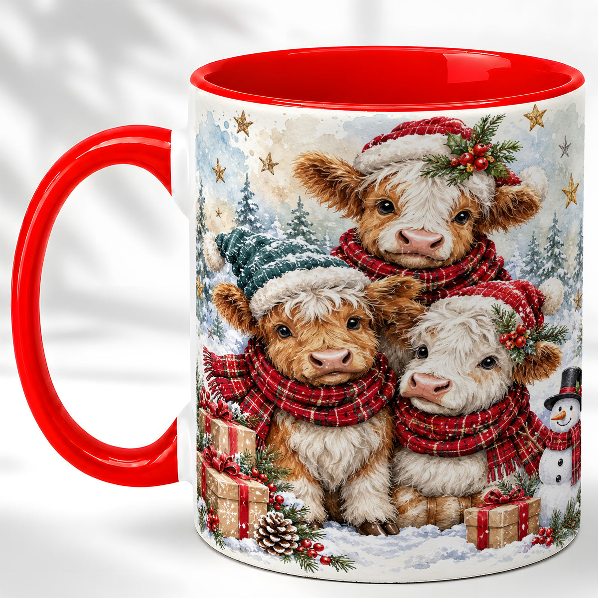 #pl[11oz|Red] Christmas Highland Cow Coffee Mug, Winter Calves Mug, Ceramic Cup