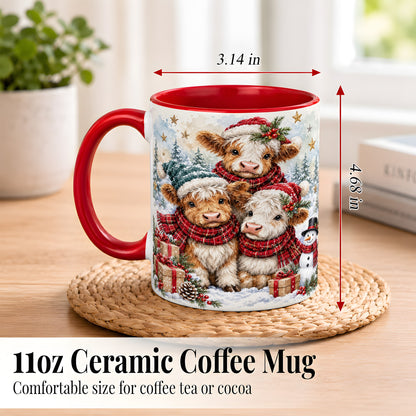 #pl[11oz|Red] Christmas Highland Cow Coffee Mug, Winter Calves Mug, Ceramic Cup