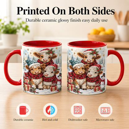#pl[11oz|Red] Christmas Highland Cow Coffee Mug, Winter Calves Mug, Ceramic Cup