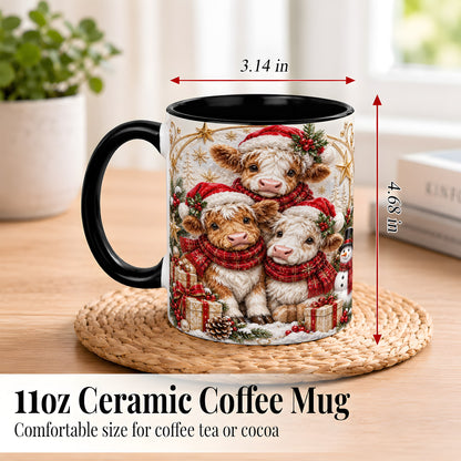 #pl[11oz|Black] Ornate Christmas Cow Coffee Mug, Winter Calves Mug, Ceramic Cup