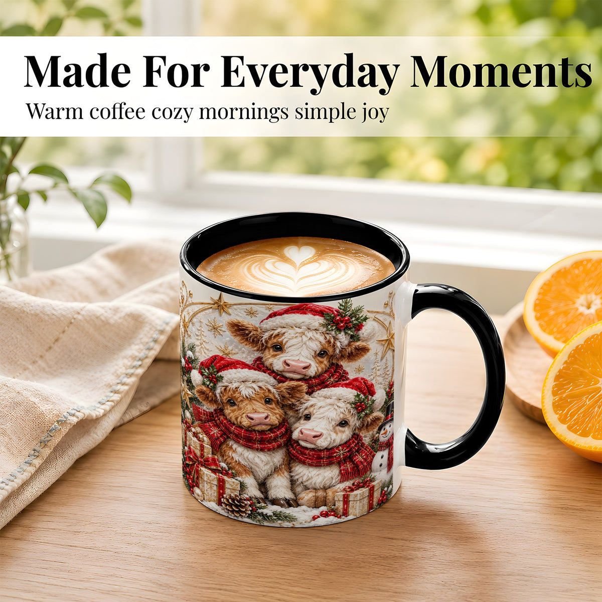 #pl[11oz|Black] Ornate Christmas Cow Coffee Mug, Winter Calves Mug, Ceramic Cup