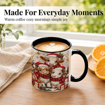 #pl[11oz|Black] Ornate Christmas Cow Coffee Mug, Winter Calves Mug, Ceramic Cup