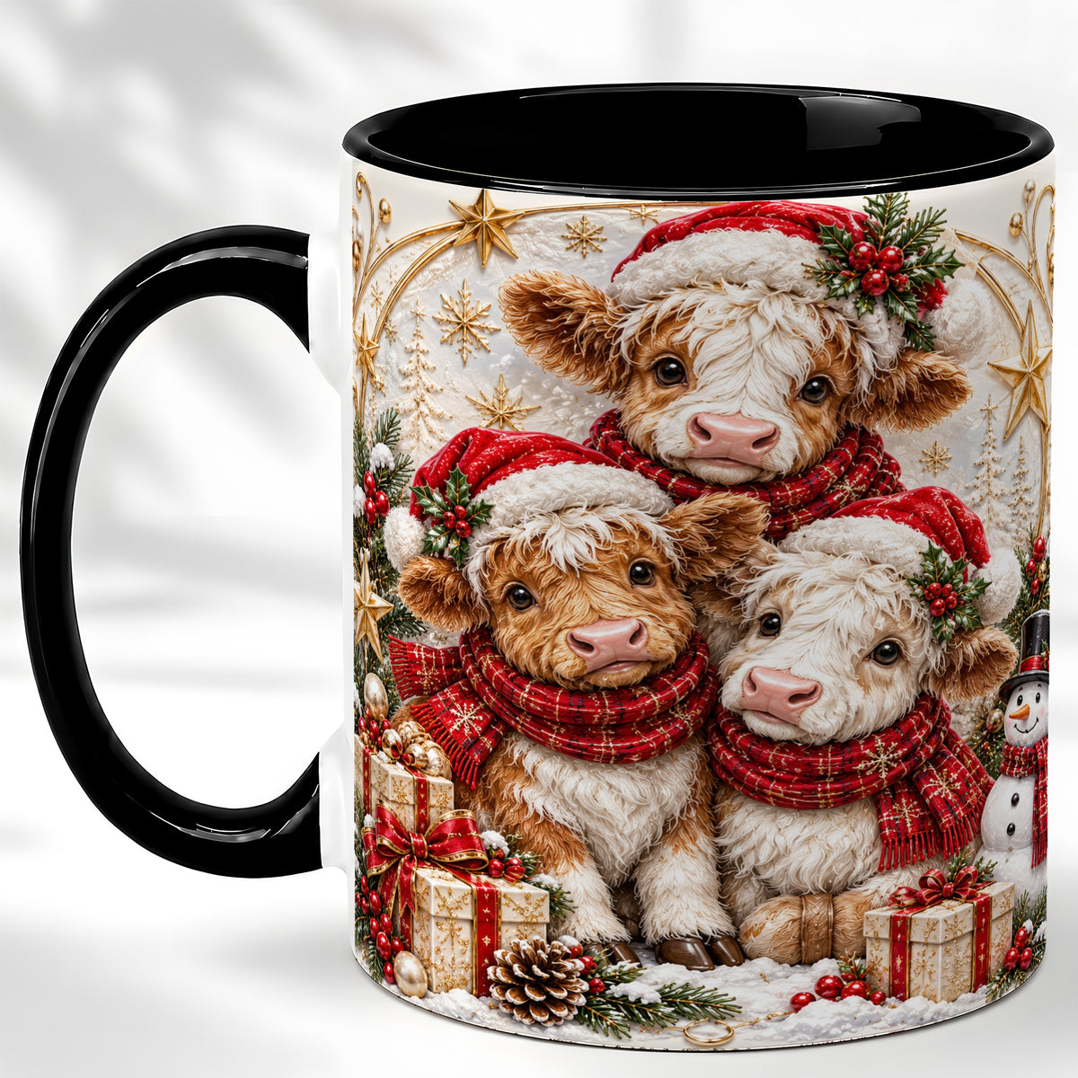 #pl[11oz|Black] Ornate Christmas Cow Coffee Mug, Winter Calves Mug, Ceramic Cup