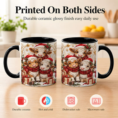 #pl[11oz|Black] Ornate Christmas Cow Coffee Mug, Winter Calves Mug, Ceramic Cup