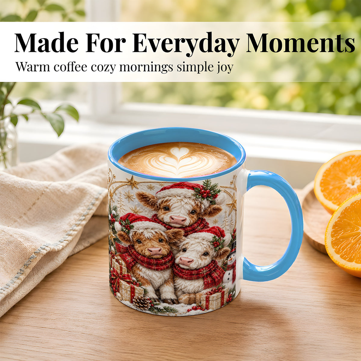 #pl[11oz|Blue] Ornate Christmas Cow Coffee Mug, Winter Calves Mug, Ceramic Cup