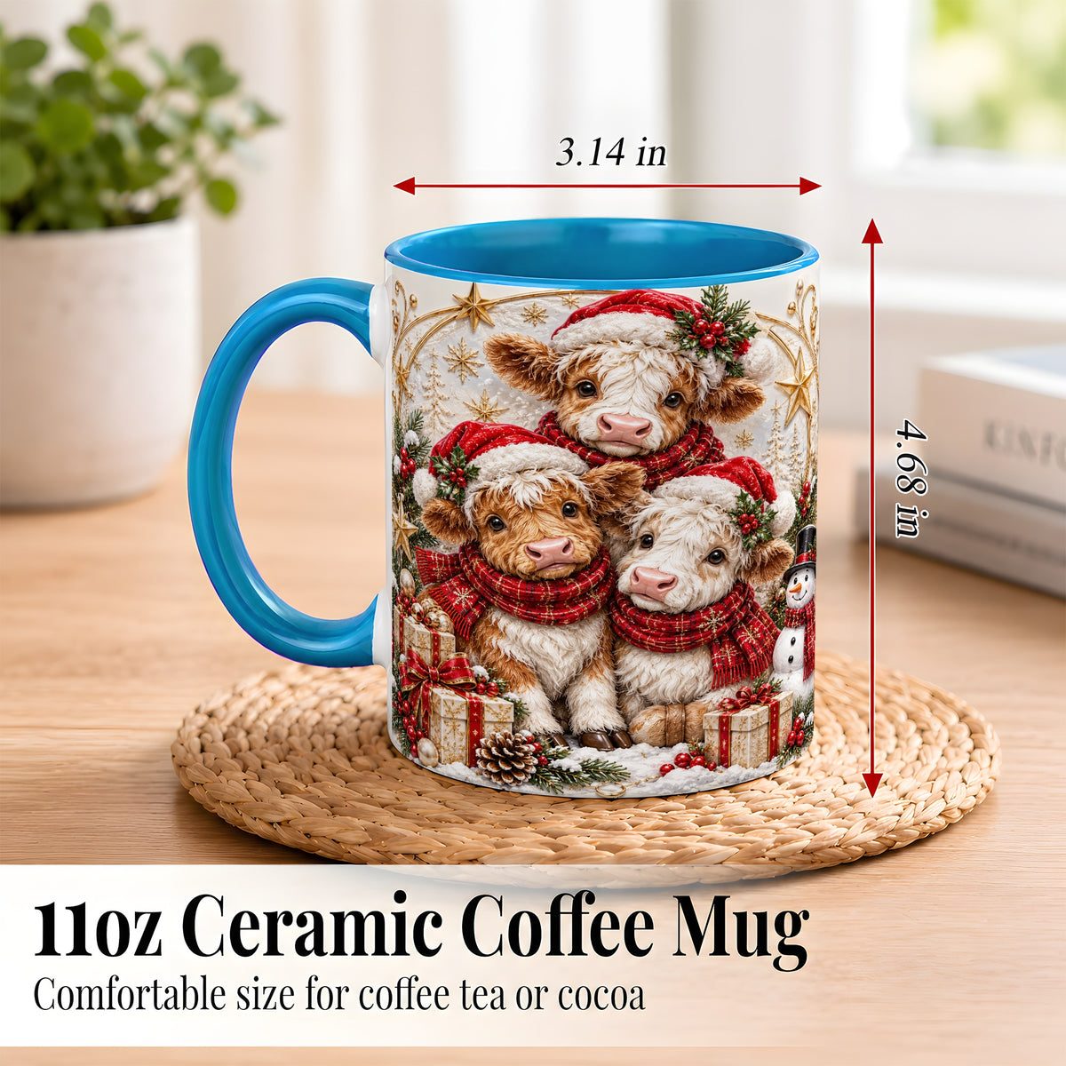 #pl[11oz|Blue] Ornate Christmas Cow Coffee Mug, Winter Calves Mug, Ceramic Cup