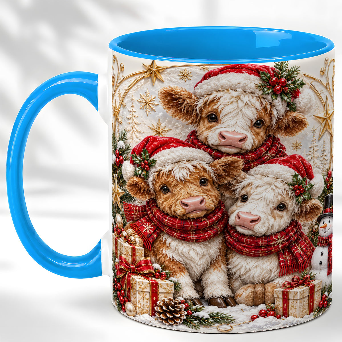 #pl[11oz|Blue] Ornate Christmas Cow Coffee Mug, Winter Calves Mug, Ceramic Cup