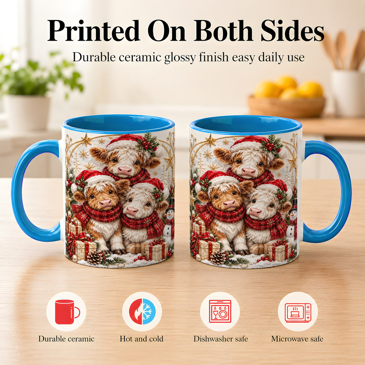 #pl[11oz|Blue] Ornate Christmas Cow Coffee Mug, Winter Calves Mug, Ceramic Cup