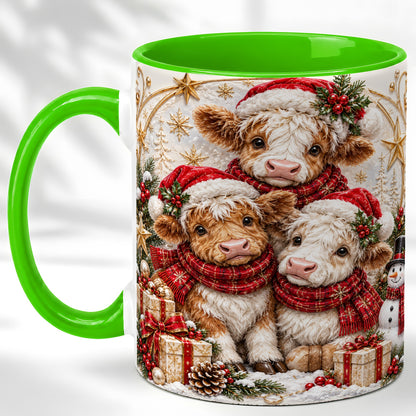 #pl[11oz|Green] Ornate Christmas Cow Coffee Mug, Winter Calves Mug, Ceramic Cup