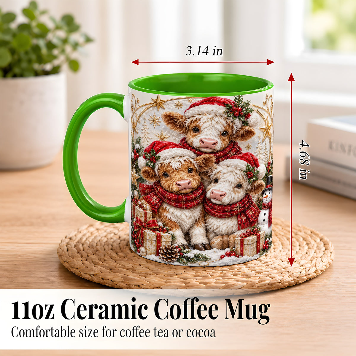 #pl[11oz|Green] Ornate Christmas Cow Coffee Mug, Winter Calves Mug, Ceramic Cup