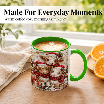 #pl[11oz|Green] Ornate Christmas Cow Coffee Mug, Winter Calves Mug, Ceramic Cup