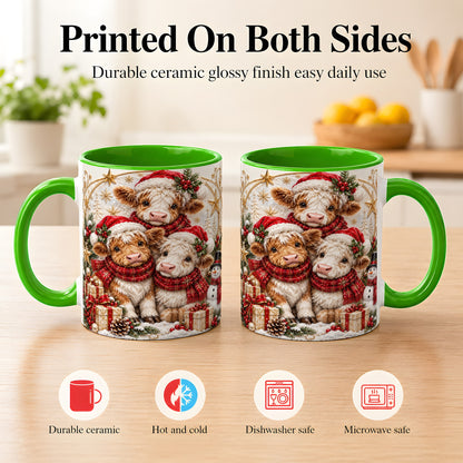 #pl[11oz|Green] Ornate Christmas Cow Coffee Mug, Winter Calves Mug, Ceramic Cup