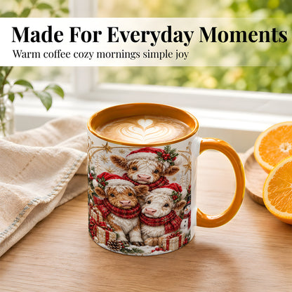 #pl[11oz|Orange] Ornate Christmas Cow Coffee Mug, Winter Calves Mug, Ceramic Cup