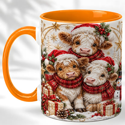 #pl[11oz|Orange] Ornate Christmas Cow Coffee Mug, Winter Calves Mug, Ceramic Cup