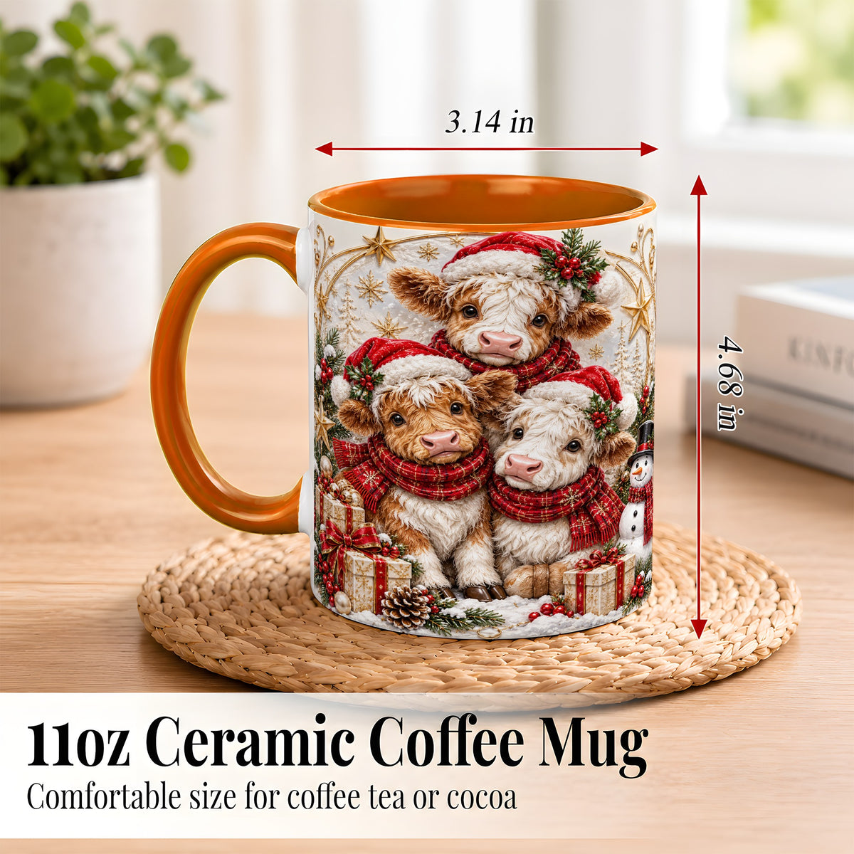 #pl[11oz|Orange] Ornate Christmas Cow Coffee Mug, Winter Calves Mug, Ceramic Cup