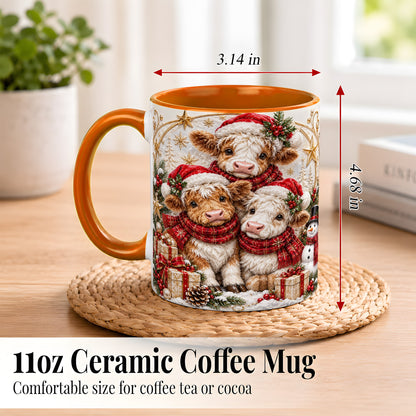 #pl[11oz|Orange] Ornate Christmas Cow Coffee Mug, Winter Calves Mug, Ceramic Cup