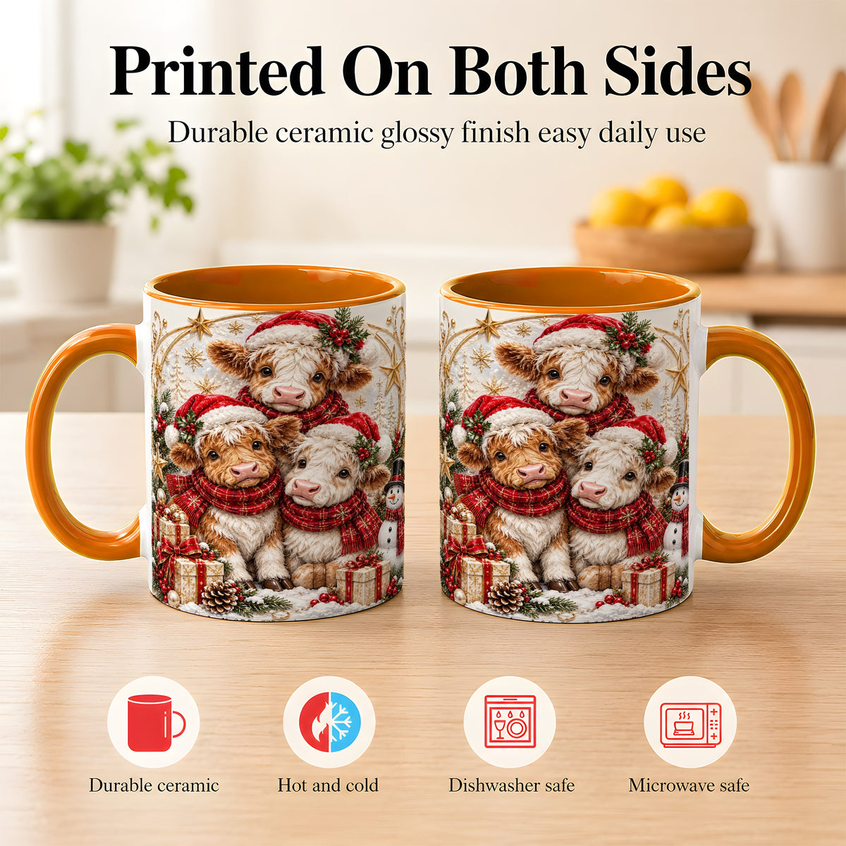#pl[11oz|Orange] Ornate Christmas Cow Coffee Mug, Winter Calves Mug, Ceramic Cup