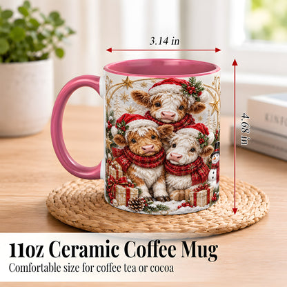 #pl[11oz|Pink] Ornate Christmas Cow Coffee Mug, Winter Calves Mug, Ceramic Cup