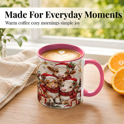 #pl[11oz|Pink] Ornate Christmas Cow Coffee Mug, Winter Calves Mug, Ceramic Cup
